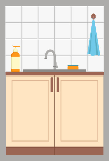 厨房水槽、水龙头、洗洁精和毛巾图片下载