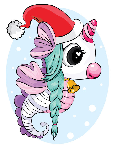 漂亮的独角兽戴着圣诞帽和铃铛图片下载