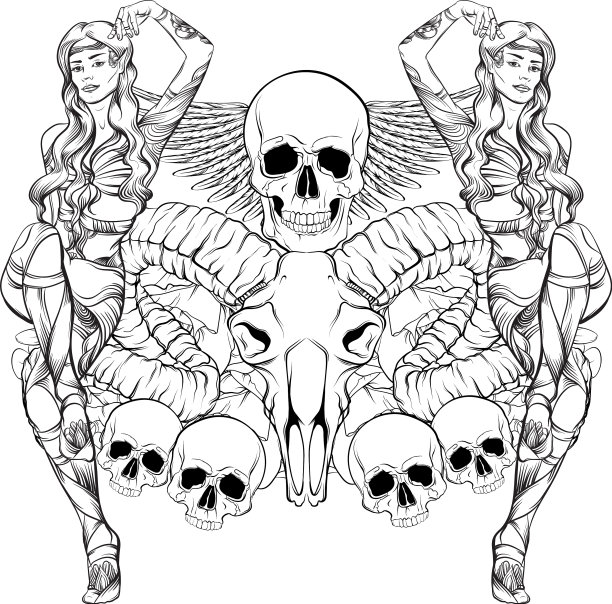 拥有公羊和人类头骨翅膀的美丽精灵图片下载