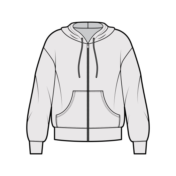 拉链帽衫运动衫技术时尚插图与长袖，超大的身体，袋鼠袋，绑带下摆图片下载