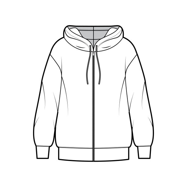 拉链连帽衫的技术时尚插图与长袖，超大的身体，带状下摆，拉绳。平图片下载
