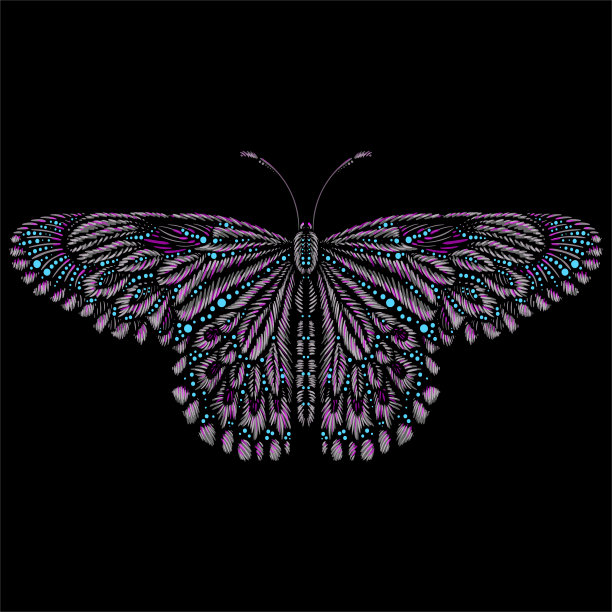 矢量标志蝴蝶纹身或t恤设计或外衣。可爱的印花风格的蝴蝶背景。这幅画是为黑色织物或帆布绘制的。图片下载