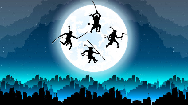 黑暗的背景忍者月亮城市人剪影云天空人夜晚矢量设计风格图片下载