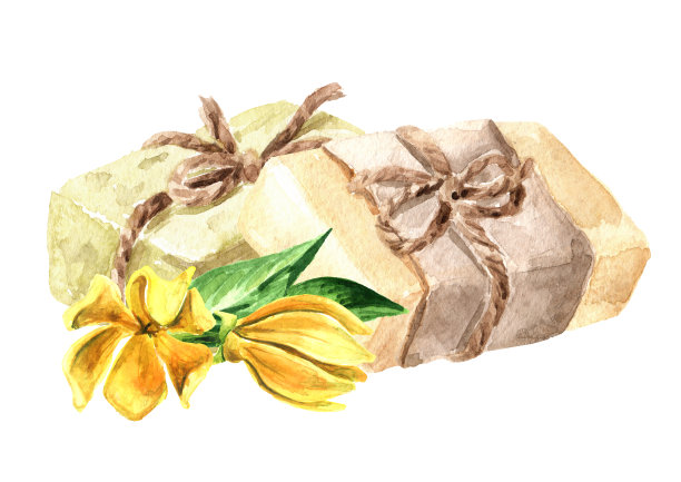 天然手工草本金盏花皂与依兰依兰花。水彩手绘插图，孤立的白色背景图片下载