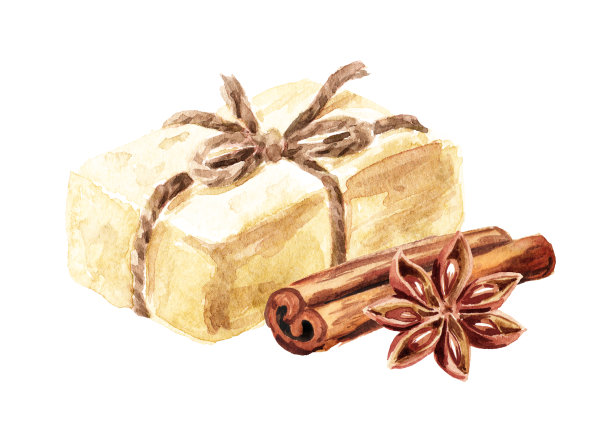 天然手工香皂与八角和肉桂棒。水彩手绘插图，孤立的白色背景图片下载