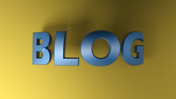 博客蓝色金属曲线写在黄色背景- 3D渲染插图图片下载