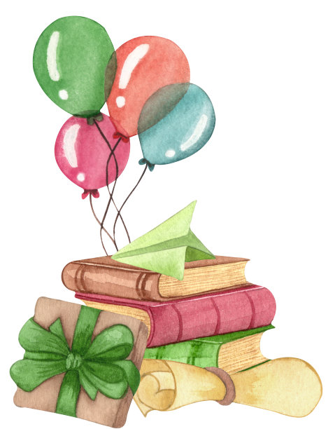 水彩毕业套装毕业帽，花，气球和书籍堆叠。手绘学校插图图片下载