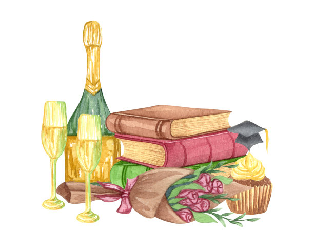 水彩毕业套装毕业帽，鲜花，香槟和一堆书。手绘学校插图图片下载