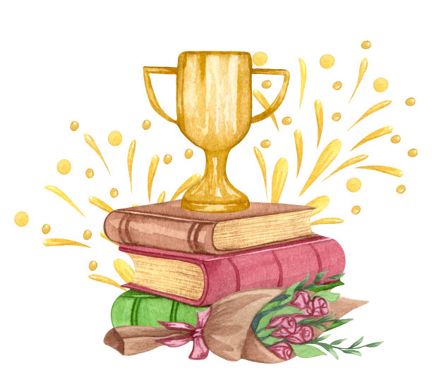 水彩毕业套毕业帽，鲜花和书籍堆叠。手绘学校插图图片下载