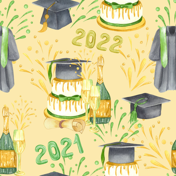 毕业无缝模式。毕业帽，鲜花，成堆的书。手绘学校用品背景图片下载