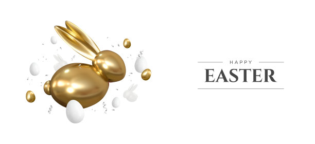 复活节快乐。现实向量3d金兔子和鸡蛋。复活节装饰对象。图片下载