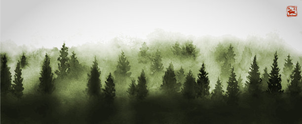 景观与绿色朦胧的森林树木和多云的天空。传统的东方水墨画粟娥、月仙、围棋。象形文字-兔子的翻译图片下载