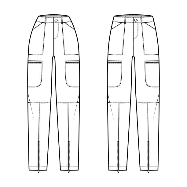 一套降落伞裤技术时尚插画与正常低腰，高上升，口袋，皮带环，全长图片下载
