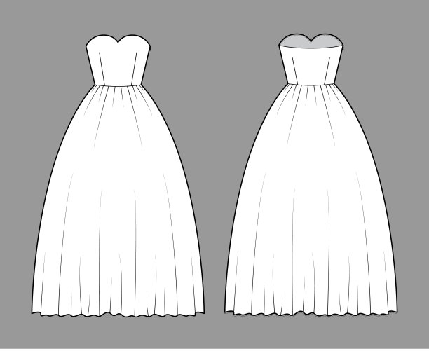 衬布连衣裙技术时尚插图与无肩带甜心领口，长地板长度，长裙。平图片下载