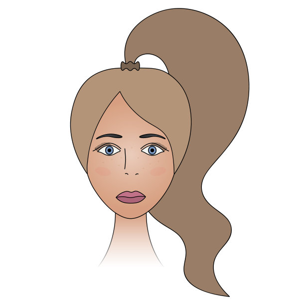 女人的脸。晒黑的女士。长长的头发扎成马尾辫。彩色矢量插图。金发碧眼。脸颊红晕，脸上有雀斑。长睫毛。黑色的眉毛。嘴唇是用口红涂的。神秘的女性肖像。图片下载