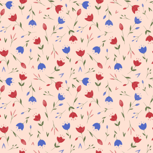 桃色背景上的蓝色和红色花朵图案图片下载