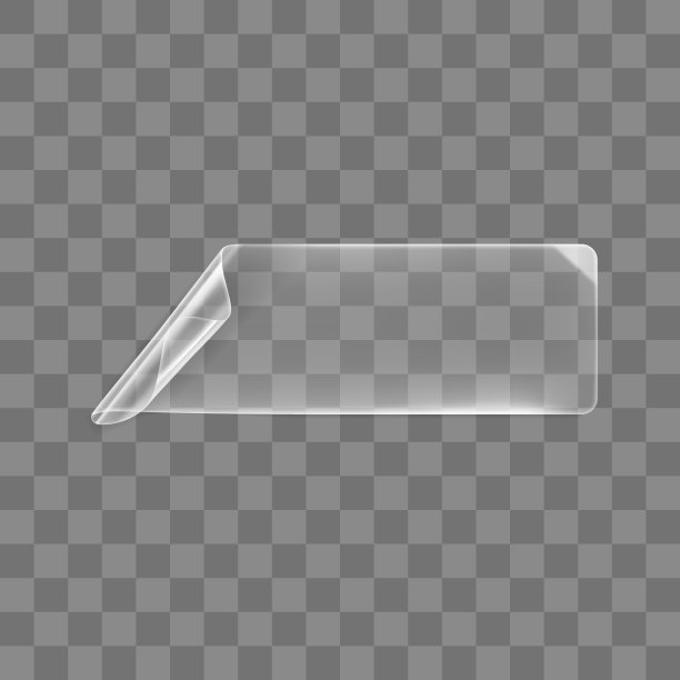 透明胶粘矩形贴纸与卷曲角模拟起来。空白不干胶透明纸或塑料不干胶标签具有卷曲、起皱效果。三维逼真矢量图标图片下载