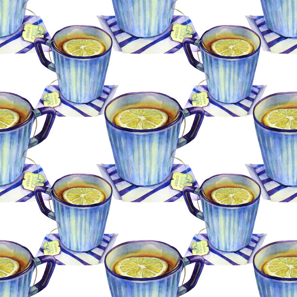 无缝图案水彩杯茶蓝色杯与黄色柠檬孤立在白色背景。手绘创意对象菜单，贴纸，速写本，卡片，墙纸图片下载