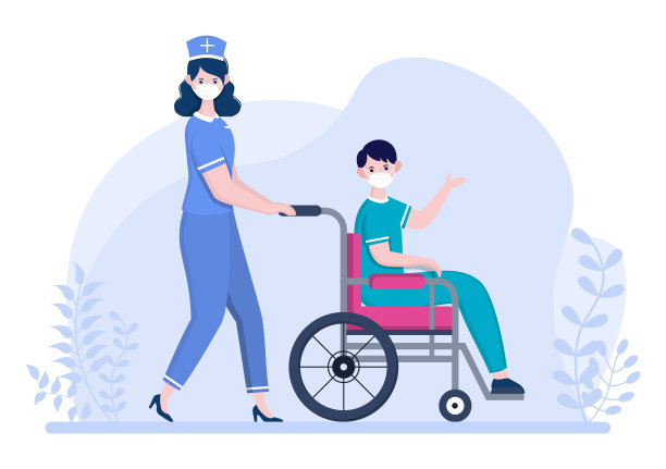 医生或护士戴着口罩帮助病人，护士推轮椅与残疾人。医务人员集中图片下载