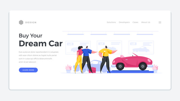 梦想汽车购买主页模板。男性和女性向卖家索要红色的古董车。图片下载