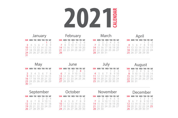 2021月日历模板隔离白色图片下载