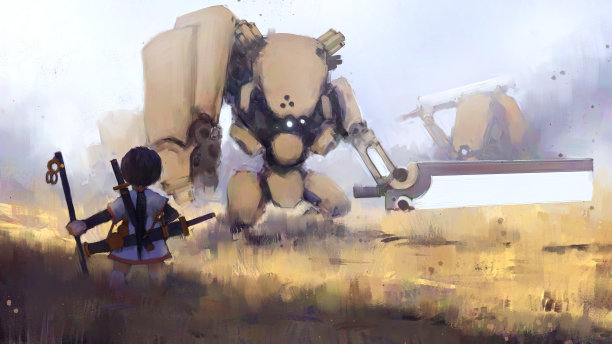 亚洲武士少女站在大刀机器人前的数字艺术绘画，布面油画纹理，幻想插图。图片下载