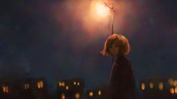 数字艺术画的女孩独自走在夜里，油画在画布上纹理。图片下载