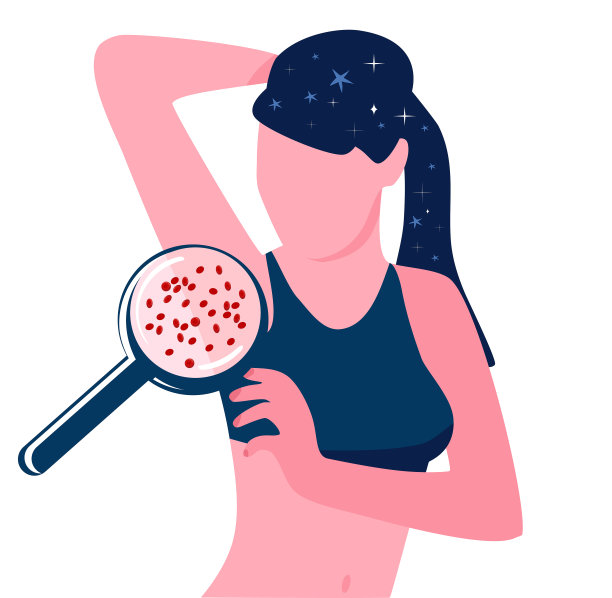 错误剃须或脱毛导致的皮肤问题。粉刺和毛孔堵塞。向内生长的头发。草莓腋窝。穿着运动服的年轻女子。放大镜放大炎症。图片下载