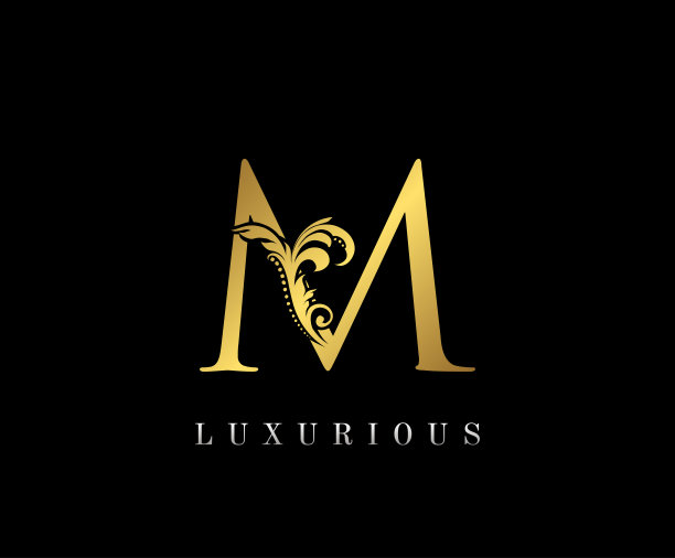 复古金M字母标志设计。图片下载