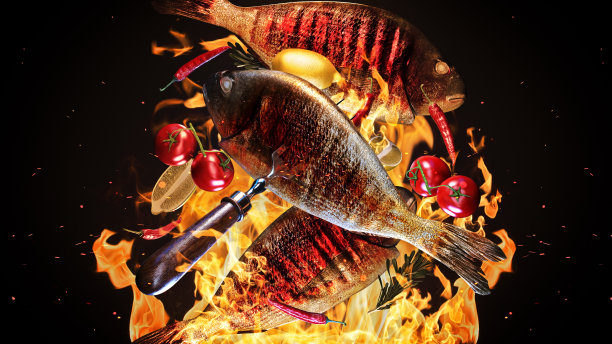 美味的海鱼在空中飞翔。定格烧烤概念。三维渲染图片下载