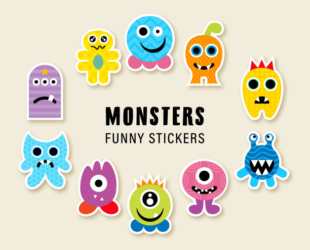 卡通可爱的怪物贴纸标志的孩子万圣节。设计模板矢量插图与有趣的卡通怪物孤立。有趣的恐怖。图标印刷，派对装饰，t恤，插图，徽章图片下载