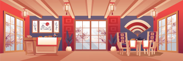 日本餐厅室内设计背景。亚洲传统美食寿司和米饭矢量插图。现代的房间有桌子，柜台，墙上有画，窗户，灯笼图片下载