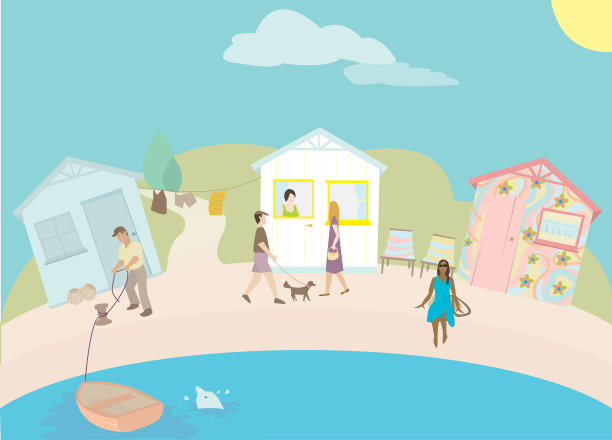 海港景色与海滩小屋图片下载