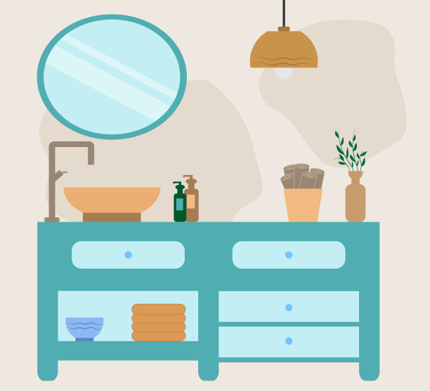 浴室内饰:水龙头、脸盆、肥皂、奶油、毛巾、花瓶中的鲜花。蓝色和橙色相间的舒适房间。向量。图片下载