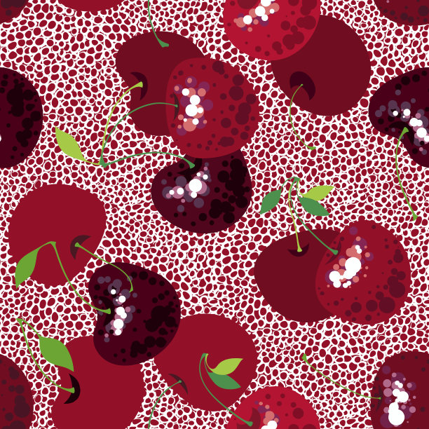 白色泡沫背景上的樱桃。无缝的背景。日本或韩国风格的带有叶子的樱桃果实。图片下载