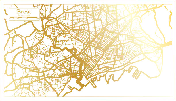 布列斯特法国城市地图在复古风格在金色。略图。图片下载