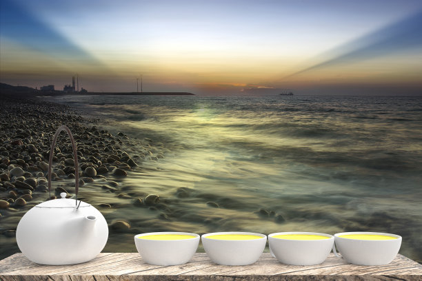 一杯热茶的3d渲染铺在木地板上，有很好的背景图片下载