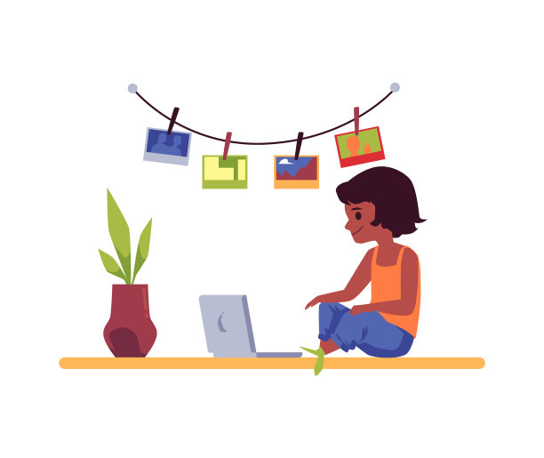 小女孩在地板上看着笔记本电脑图片下载