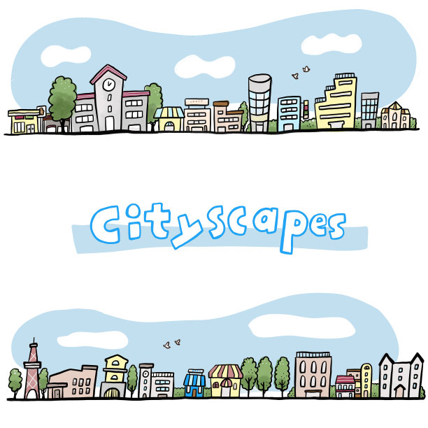 手绘插图的城市景观与街道树图片下载
