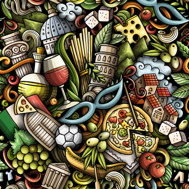 卡通涂鸦意大利无缝图案。图片下载