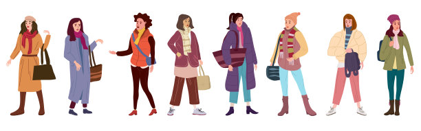 在春装的潮流中，年轻的女性穿上街头时尚的穿衣风格。流行向量风格孤立图片下载