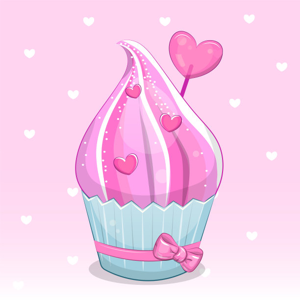 可爱的卡通粉色心形纸杯蛋糕。图片下载