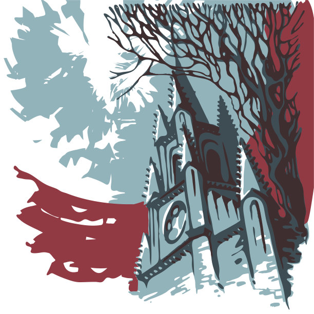 古老的城市景观与天主教教堂和树木图片下载