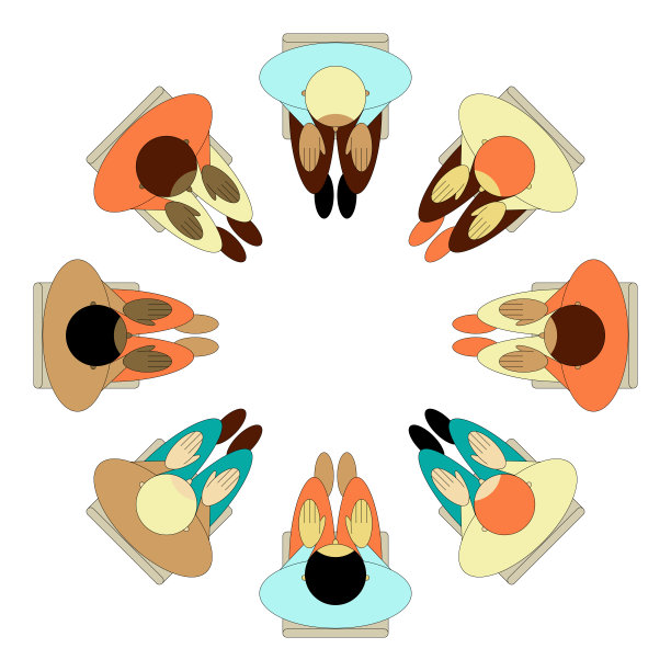 俯视八名不同种族的人坐在椅子上孤立地围成一圈图片下载