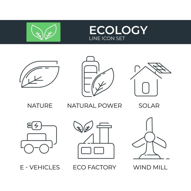 生态和生物图标集叶片，绿色能源，太阳能电池板，电动汽车，绿色工厂，风车图片下载