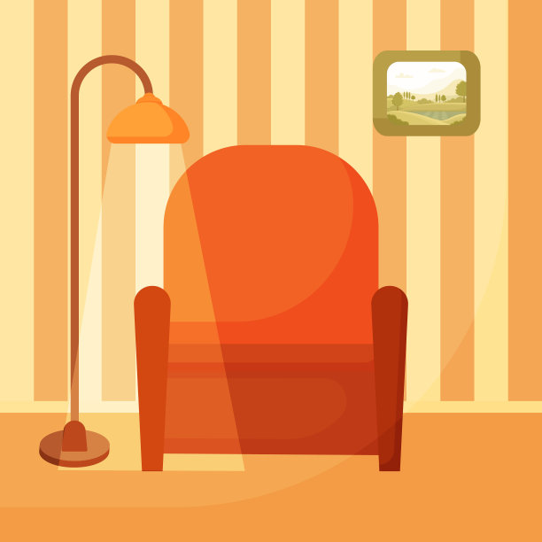 一张古董扶手椅，墙上挂着一盏立灯和一幅画。室内舒适的家。矢量图图片下载
