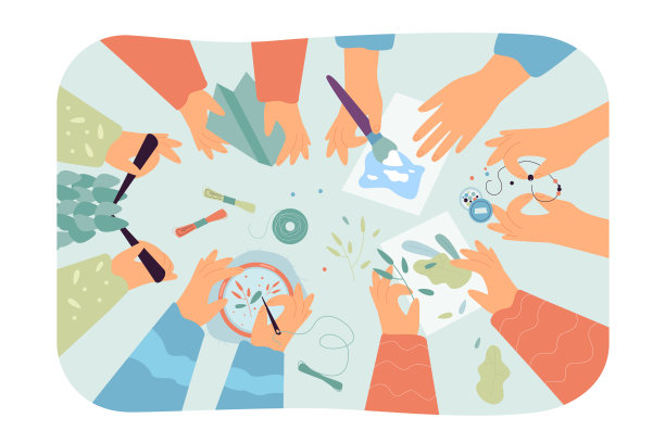 俯视图的书桌与手工艺术品图片下载