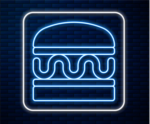 发光的霓虹灯线汉堡图标孤立在砖块上图片下载