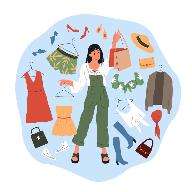 购物的女人。卡通女孩买衣服，裙子和鞋子，大时装店销售，服装圈，选择当中的衣服和配件混乱，纸质购物袋的概念图片下载