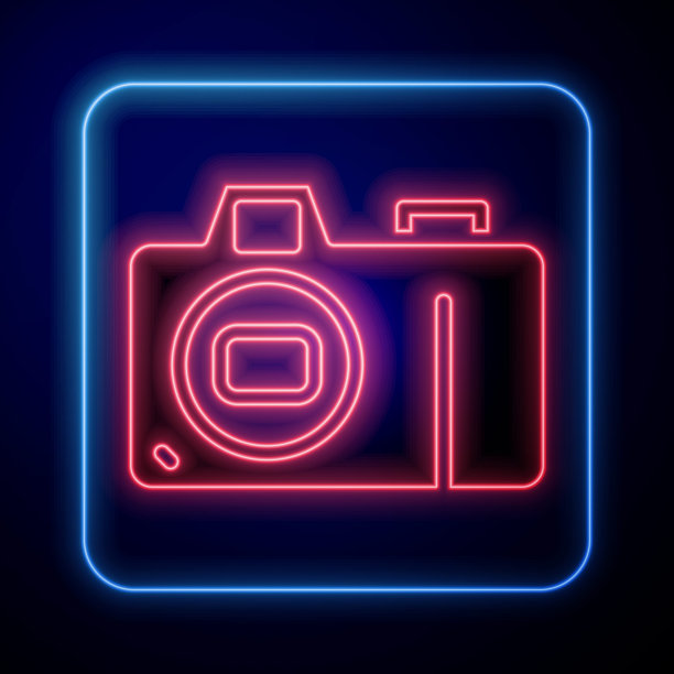 发光的霓虹灯照片相机图标孤立在蓝色背景。与相机图标。向量图片下载